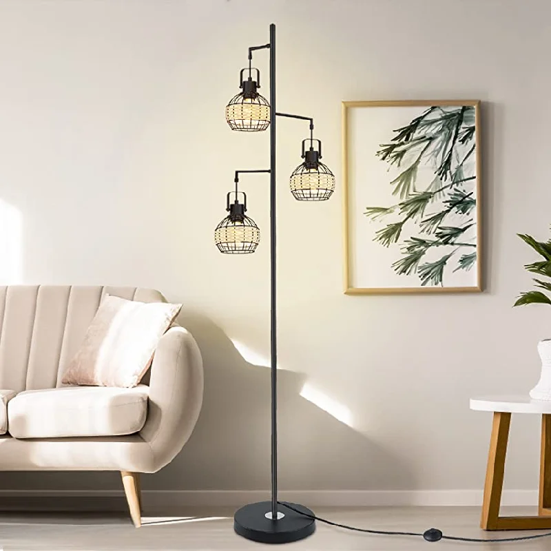 DLLT 3-Light Industrial Floor Lamp with Retro Pipe Rattan Lamp Shade, Black Tree Antique Hanging Floor Lamp, Tall Vintage Pole Light Standing Lamp for Living Room, Bedroom, Office (Bulbs Included)