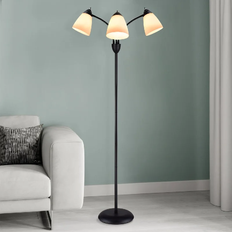 Depuley Modern Reading Floor Lamp, 3-Light with Adjustable Flexible Gooseneck Tree Standing Lamp for Living Room, Bedroom, Study Room, Office -Black Metal White Shades