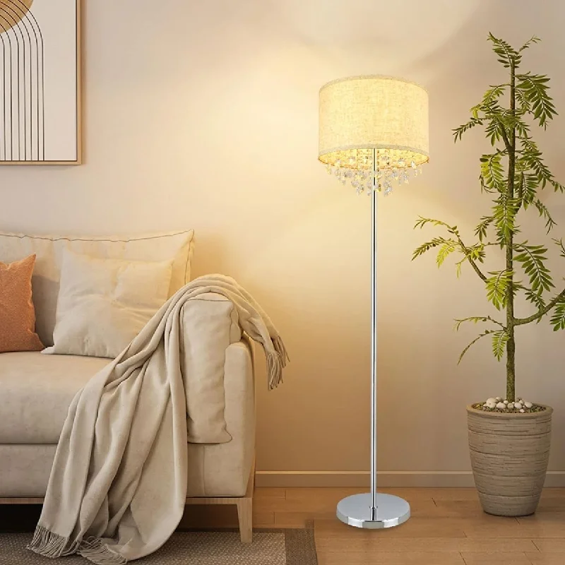 DLLT Crystal Floor Lamp for Living Room Modern Standing Lamp for Bedroom, Chrome Finish, 64” Tall Pole LED Floor Lamp, 9W LED Bulb Included, Fabric Shade, Silver